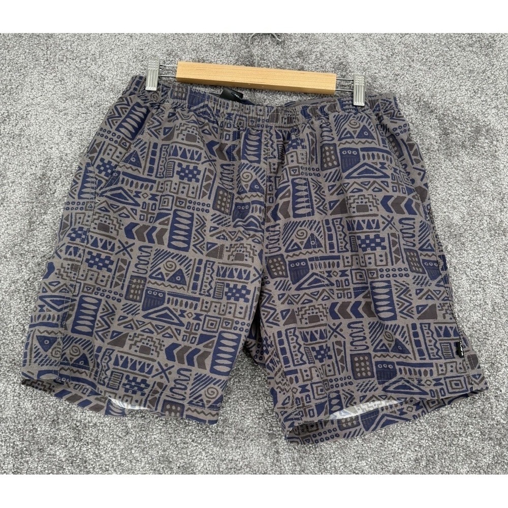 KAVU Mens River Shorts Grey Blue Geometric Tribal Print Mesh Lined Nylon Size M